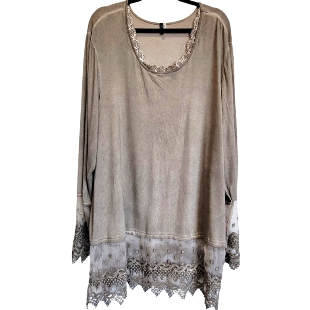 3X Lace Colar, Arm Cuff and Hem Long Sleeve Side Slit Midi Dress or Tunic